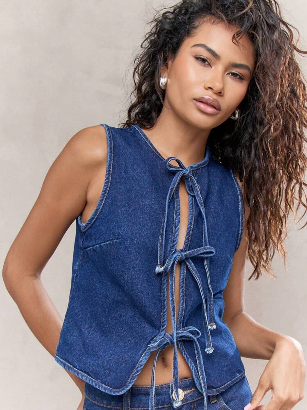 Missguided Denim Tie-Front Sleeveless Top - Blue